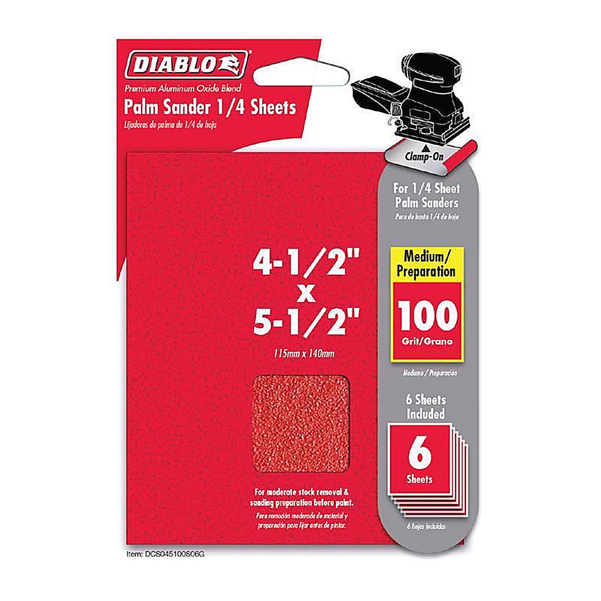 Diablo DCS045100S06G 5-1/2 in. L X 4-1/2 in. W 100 Grit Aluminum Oxide 1/4 Sheet Sandpaper 6 pk