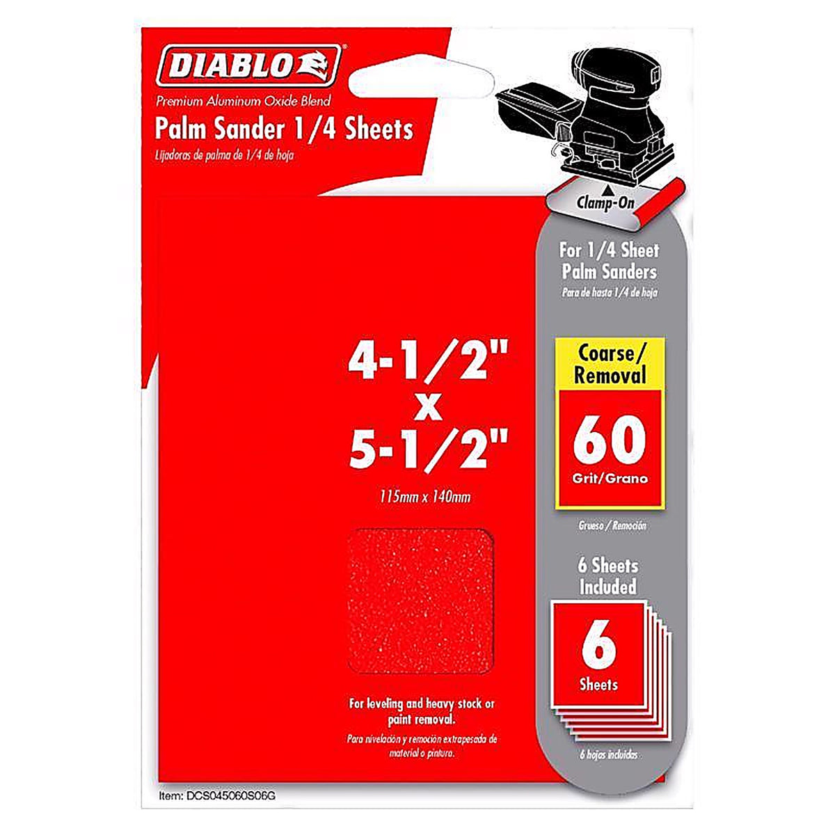 Diablo DCS045060S06G 5-1/2 in. L X 4-1/2 in. W 60 Grit Aluminum Oxide 1/4 Sheet Sandpaper 6 pk