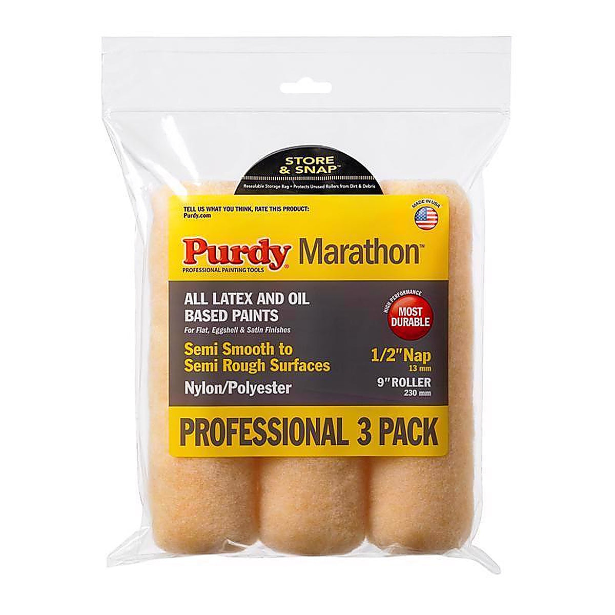 Purdy 14F861100 Marathon Nylon/Polyester 9 in. W X 1/2 in. S Paint Roller Cover 3 pk