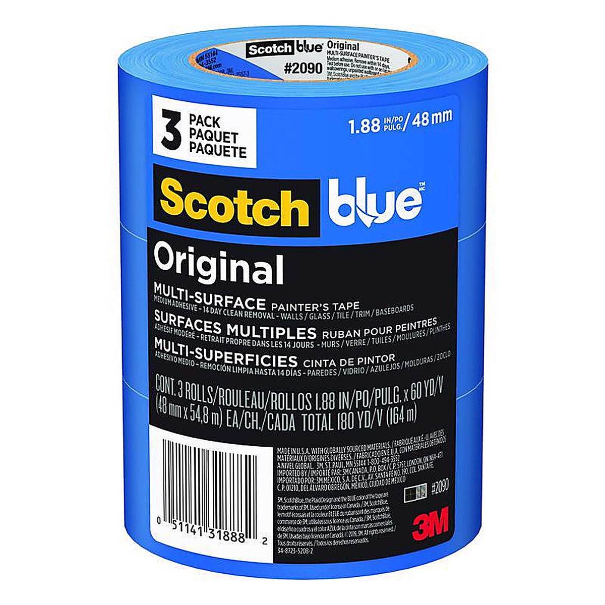 3M 2090-48EP3 Scotch Blue 1.88in. W x 60yd. L Blue Medium Strength Painters Tape 3/Pack