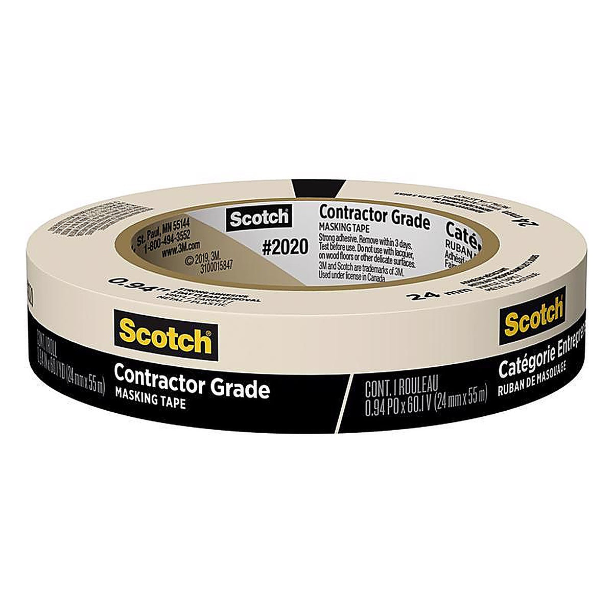 3M 2020-24AP Scotch Contractor Grade .94 in. W x 60.1 yd. L Beige Medium Strength Masking Tape 1/Pack