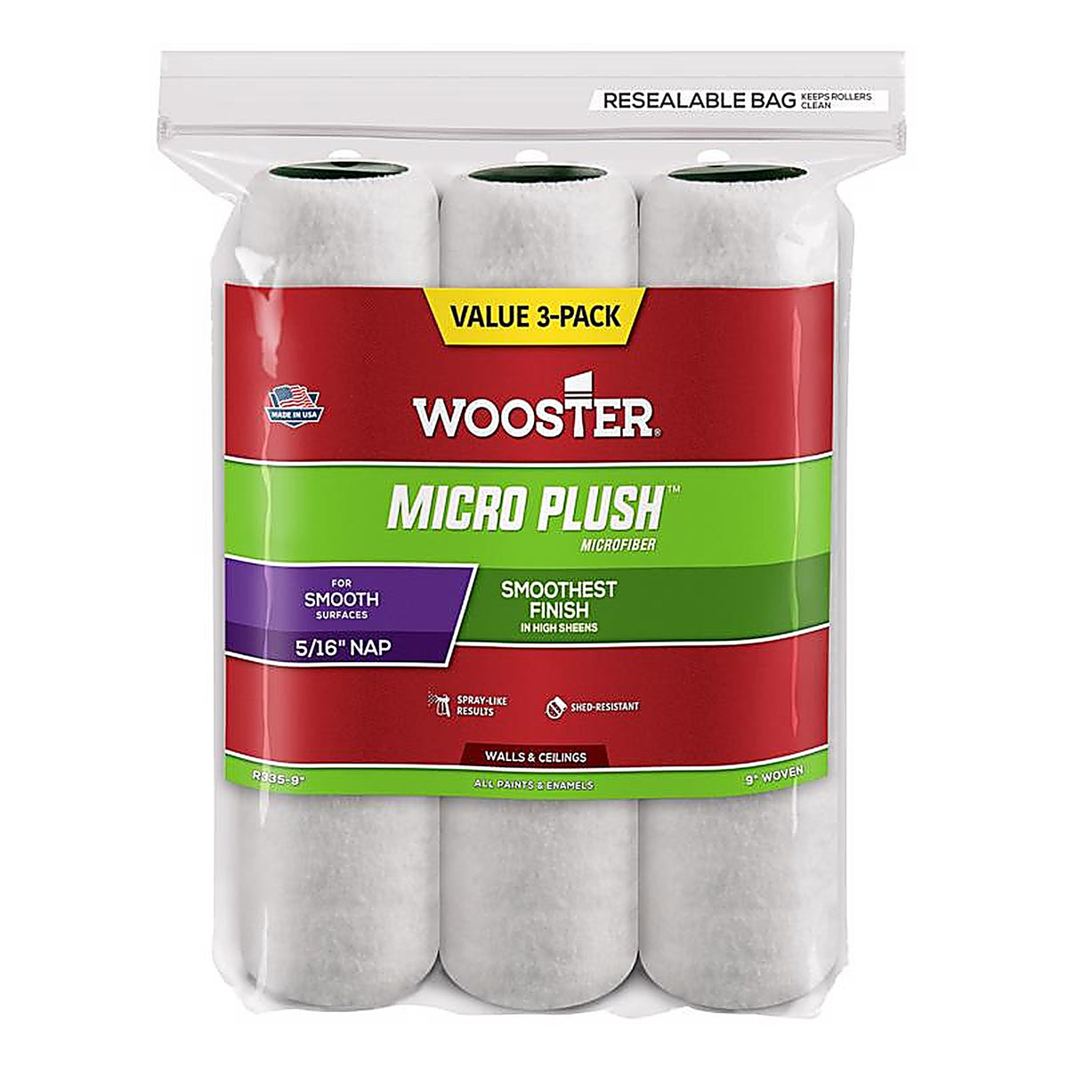 Wooster - R335-9 - Micro Plush Microfiber 9 In. W X 5/16 In. Paint Roller Cover 3 Pack