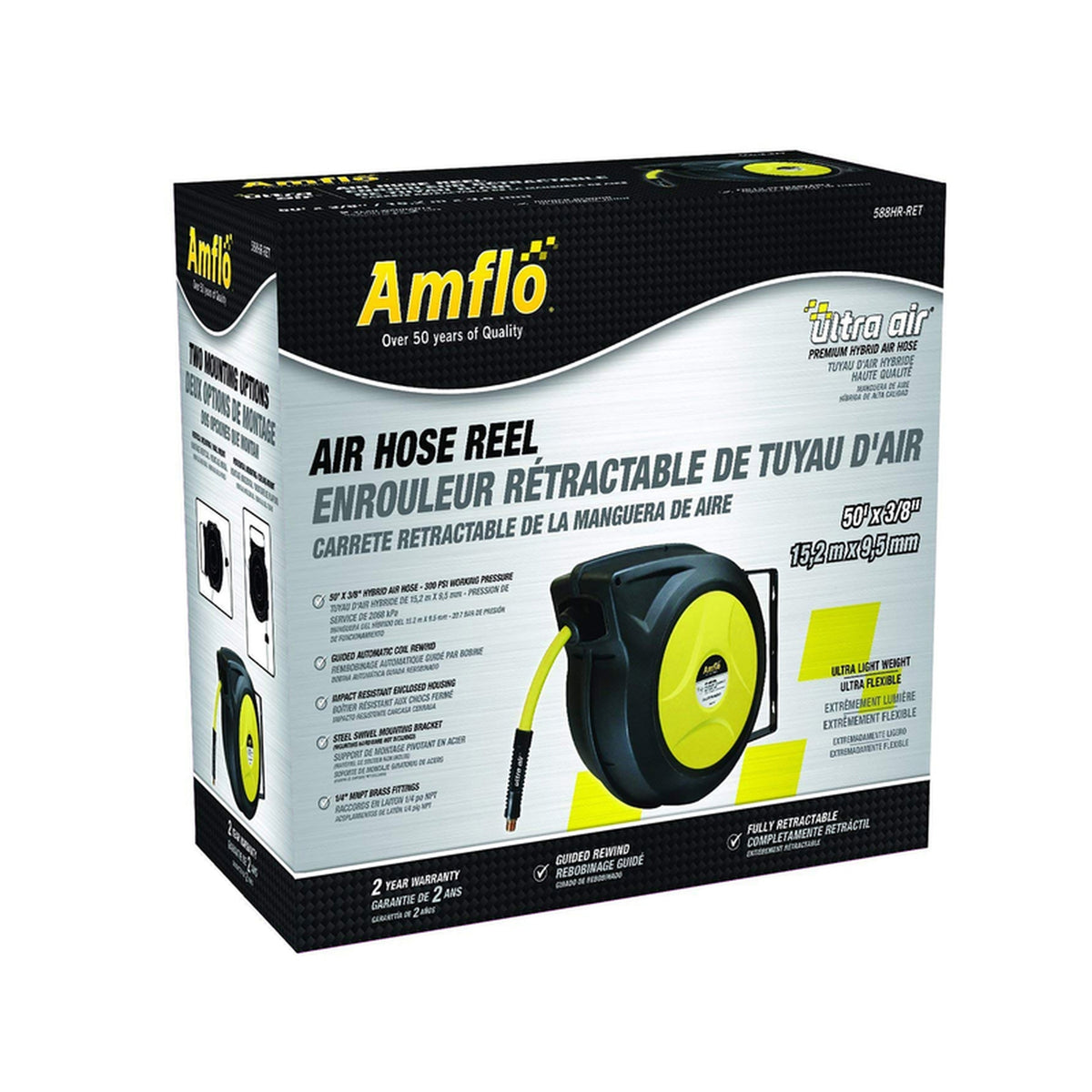 Amflo AMFL588HRRET Ultra Air 50 ft. L X 3/8 in. D Hybrid Polymer Air Hose Reel 300 psi Black