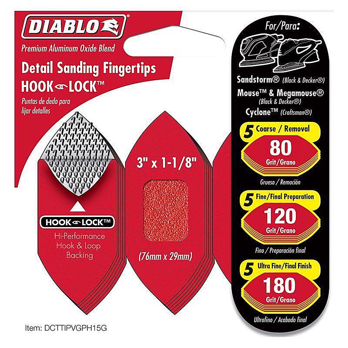 Diablo DCTTIPVGPH15G 3 in. L X 1-1/8 in. W 80 Grit Aluminum Oxide Detail Sanding Fingertips 15 pk