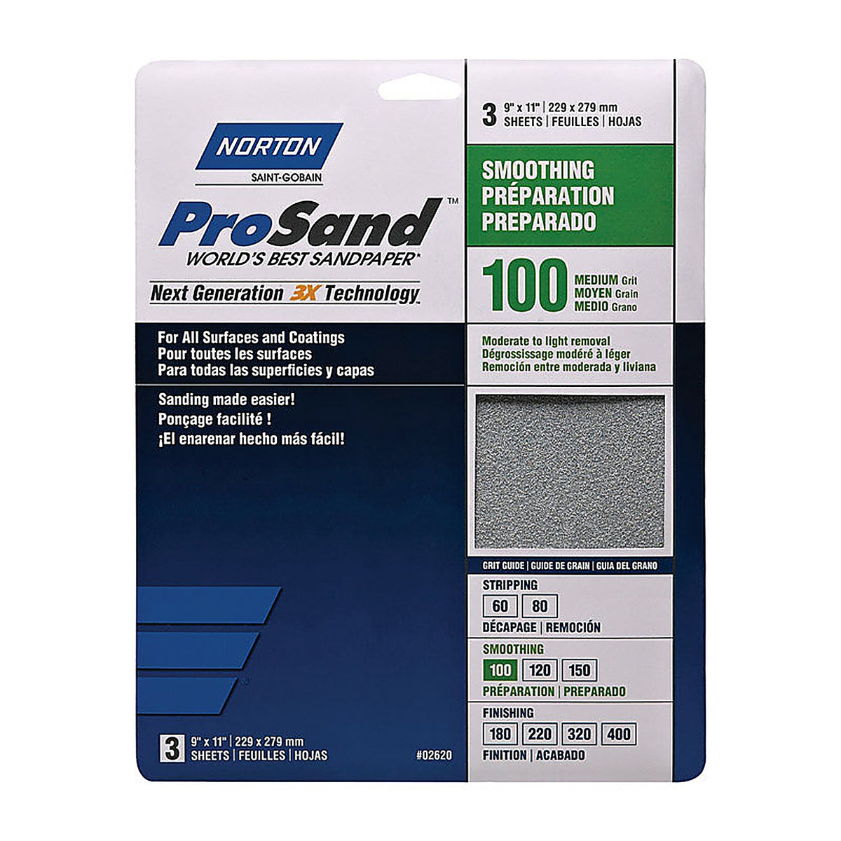Norton 7660768162 ProSand 11 in. L x 9 in. W 100 Grit Aluminum Oxide Sandpaper 3/Pack