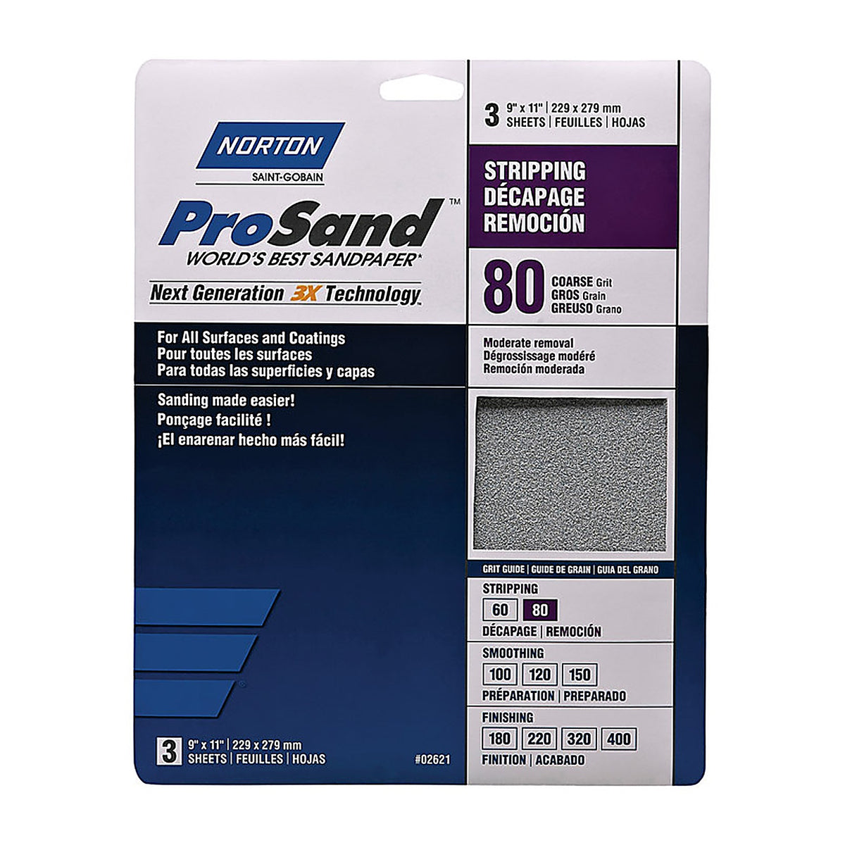 Norton 7660768163 ProSand 11 in. L x 9 in. W 80 Grit Aluminum Oxide Sandpaper 3/Pack