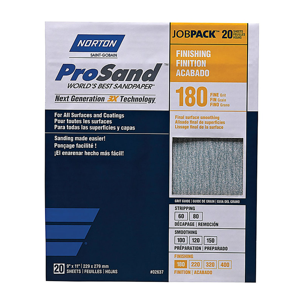 Norton 7660768168 ProSand 11 in. L x 9 in. W 180 Grit Aluminum Oxide Sandpaper 20/Pack