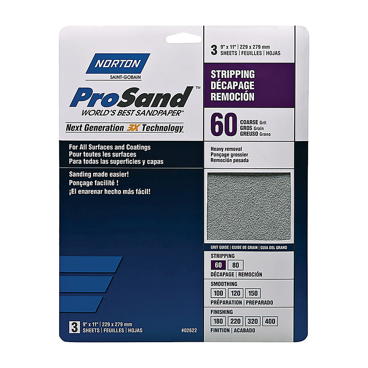 Norton 7660768164 ProSand 11 in. L x 9 in. W 60 Grit Aluminum Oxide Sandpaper 3/Pack
