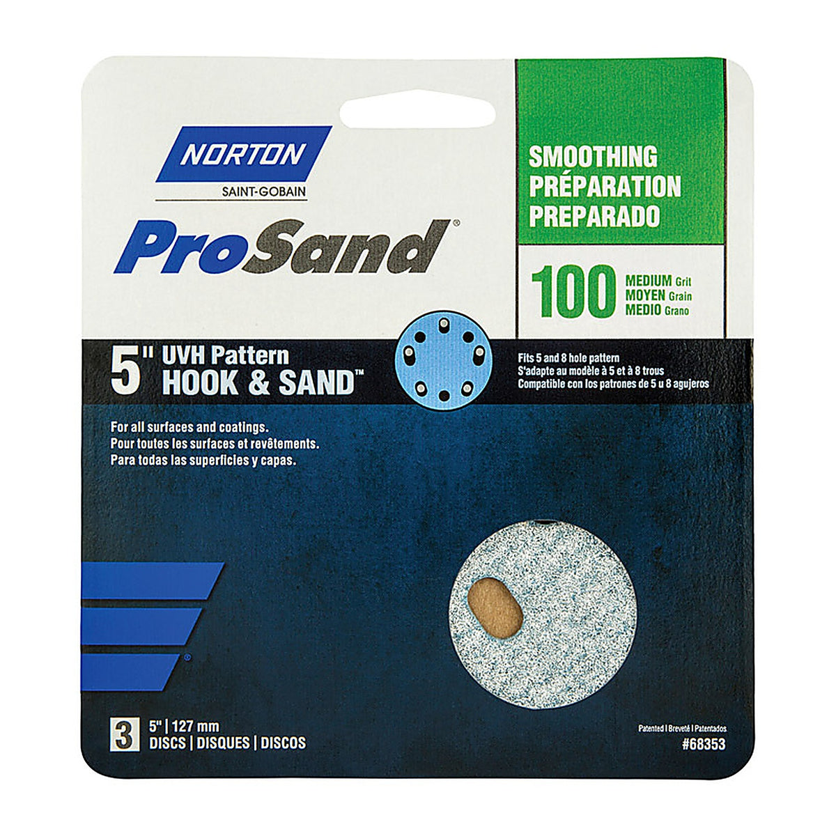 Norton - 07660768353 - Prosand 5 In. Ceramic Alumina Hook and Loop Sanding Disc 100 Grit Medium 3 Pack
