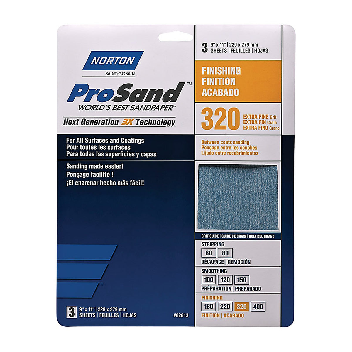 Norton 7660768157 ProSand 11 in. L x 9 in. W 320 Grit Aluminum Oxide Sandpaper 3/Pack