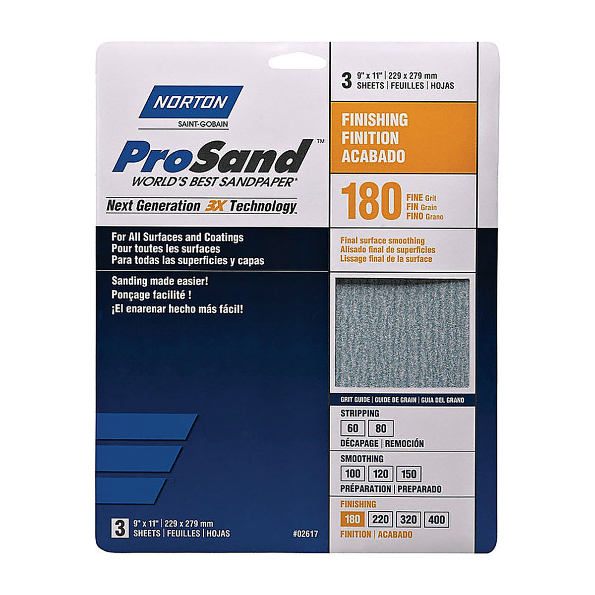 Norton 7660768159 ProSand 11 in. L x 9 in. W 180 Grit Aluminum Oxide Sandpaper 3/Pack