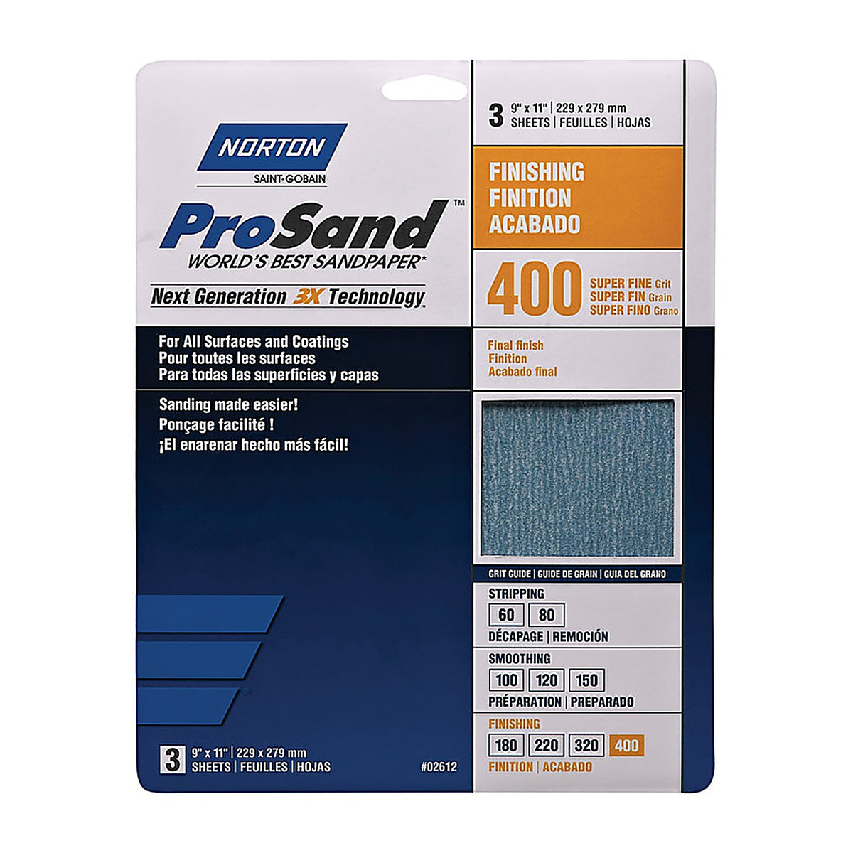 Norton 7660768156 ProSand 11 in. L x 9 in. W 400 Grit Aluminum Oxide Sandpaper 3/Pack