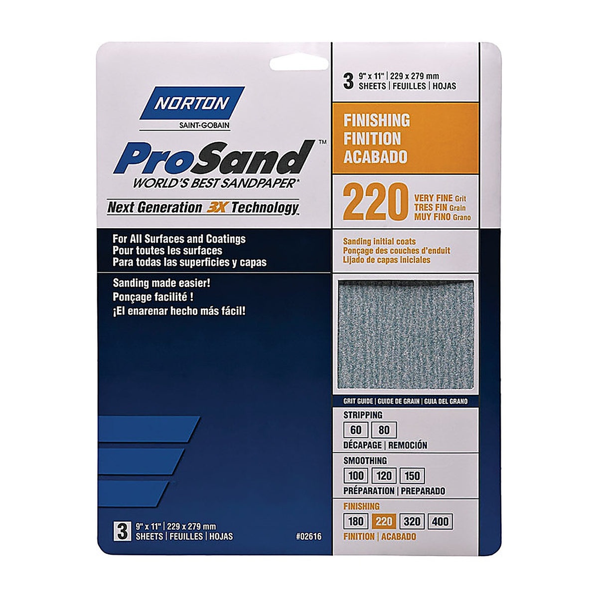 Norton 7660768158 ProSand 11 in. L x 9 in. W 220 Grit Aluminum Oxide Sandpaper 3/Pack