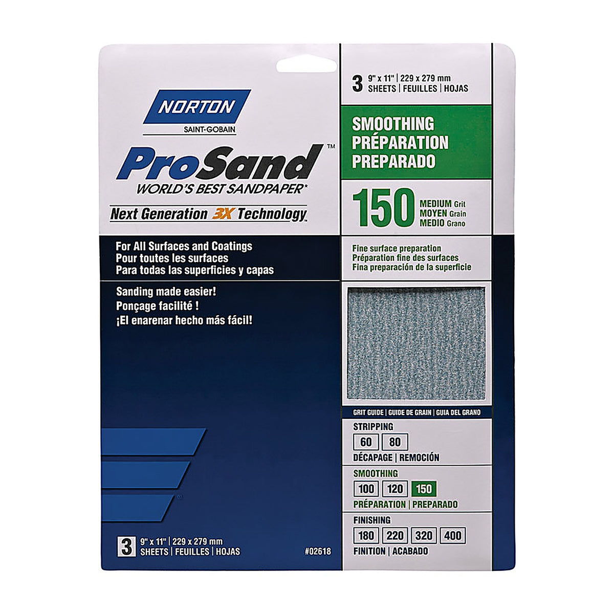 Norton 7660768160 ProSand 11 in. L x 9 in. W 150 Grit Aluminum Oxide Sandpaper 3/Pack