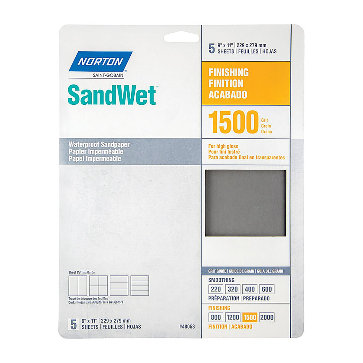 Norton - 07660748053 - Sandwet 11 In. L X 9 In. W 1500 Grit Aluminum Oxide Waterproof Sandpaper 5 Pack