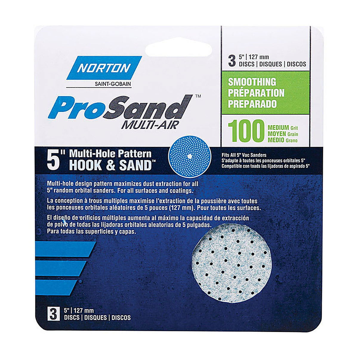 Norton 7660703231 ProSand 5 in. Ceramic Alumina Hook and Loop A975 Sanding Disc 100 Grit Medium 3/Pack