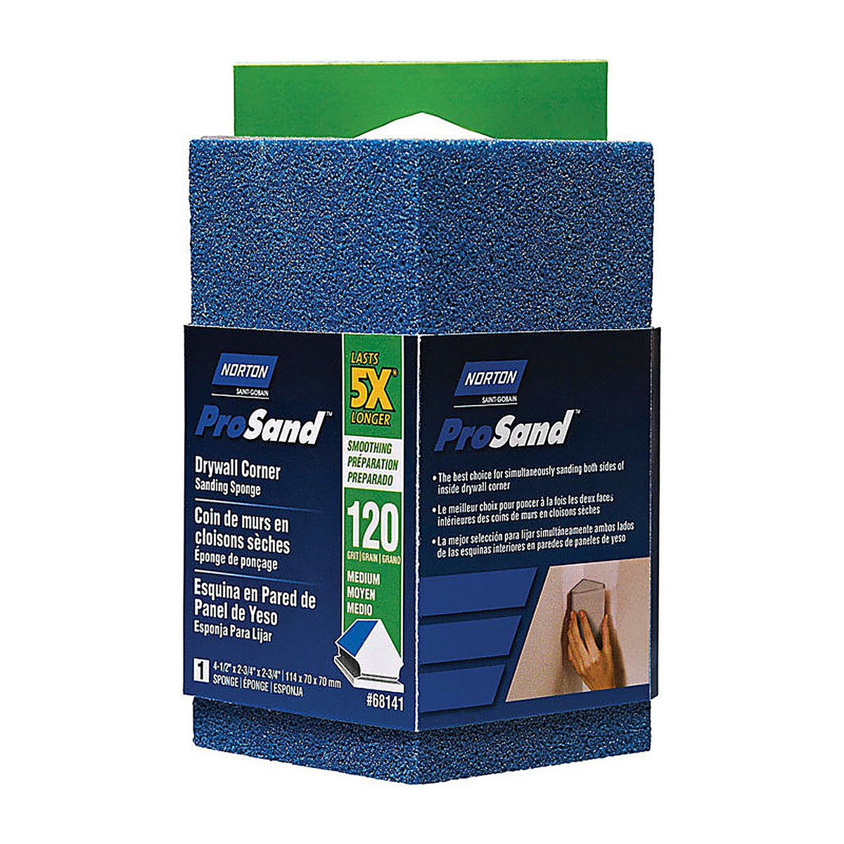 Norton - 07660768141 - Prosand 4.5 In. L X 2.75 In. W X 2.75 In. 120 Grit Medium Corner Sanding Sponge