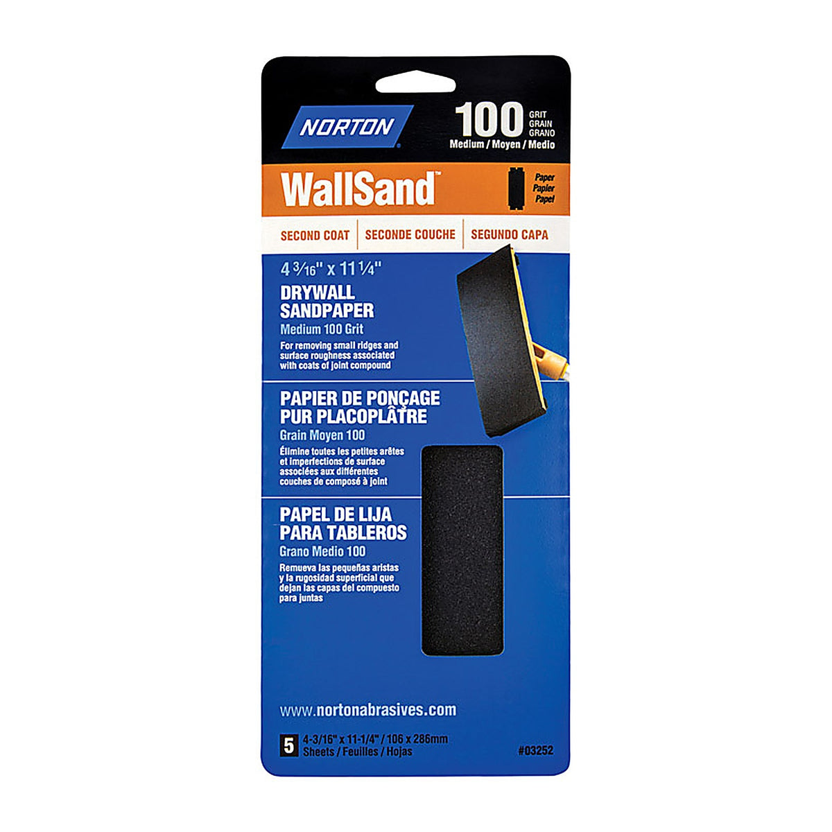 Norton 7660701888 WallSand 11-1/4 in. L x 4-3/16 in. W 100 Grit Silicon Carbide Sandpaper 5/Pack