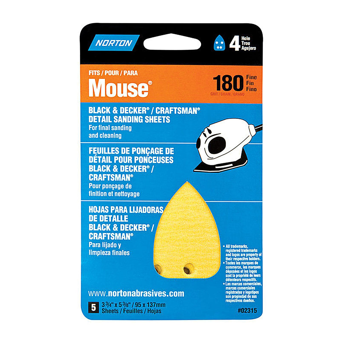 Norton - 07660702315 - 5-1/4 In. L X 3-3/4 In. W 180 Grit Aluminum Oxide Mouse Sandpaper 5 Pack