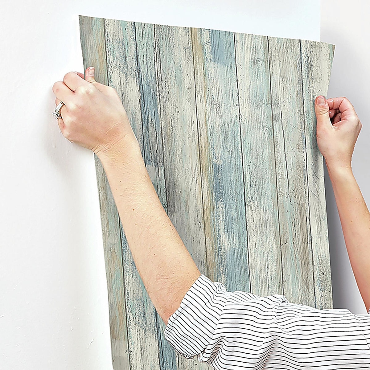 RoomMates - RMK9052WPZ - 20.5 In. H X 16.5 Ft. L Distressed Wood Blue Vinyl Peel and Stick Wallpaper