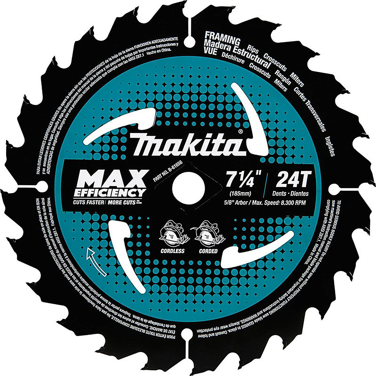 Makita - B-61656 - 7-1/4 In. D X 5/8 In. Max Efficiency Carbide Tipped Circular Saw Blade 24 Teeth 1 Pack