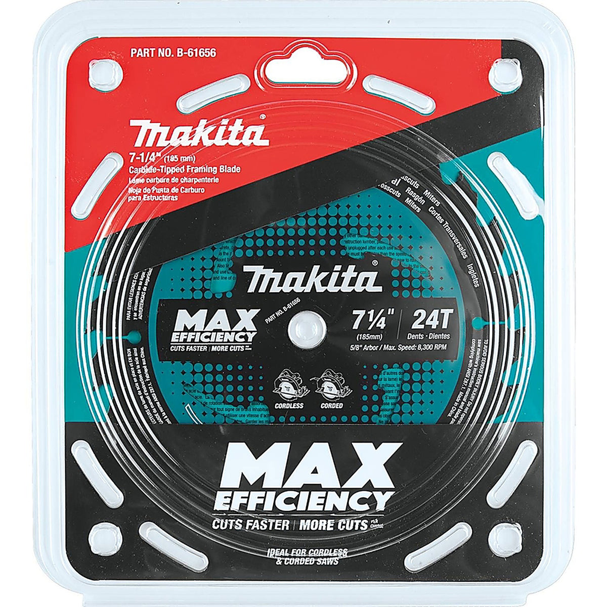 Makita - B-61656 - 7-1/4 In. D X 5/8 In. Max Efficiency Carbide Tipped Circular Saw Blade 24 Teeth 1 Pack