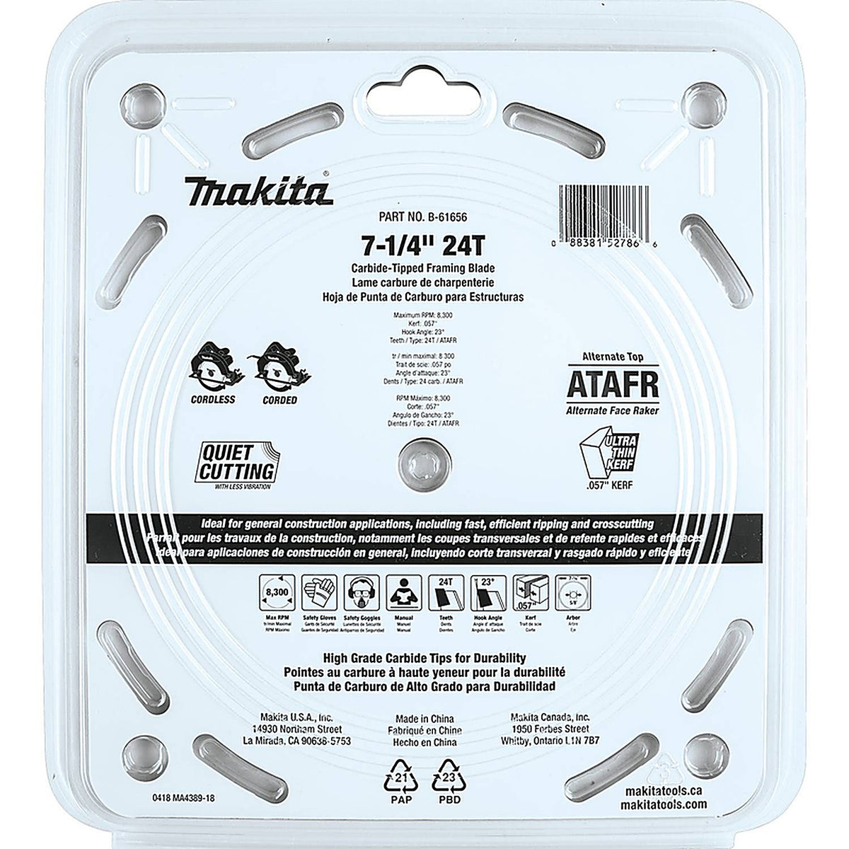 Makita - B-61656 - 7-1/4 In. D X 5/8 In. Max Efficiency Carbide Tipped Circular Saw Blade 24 Teeth 1 Pack
