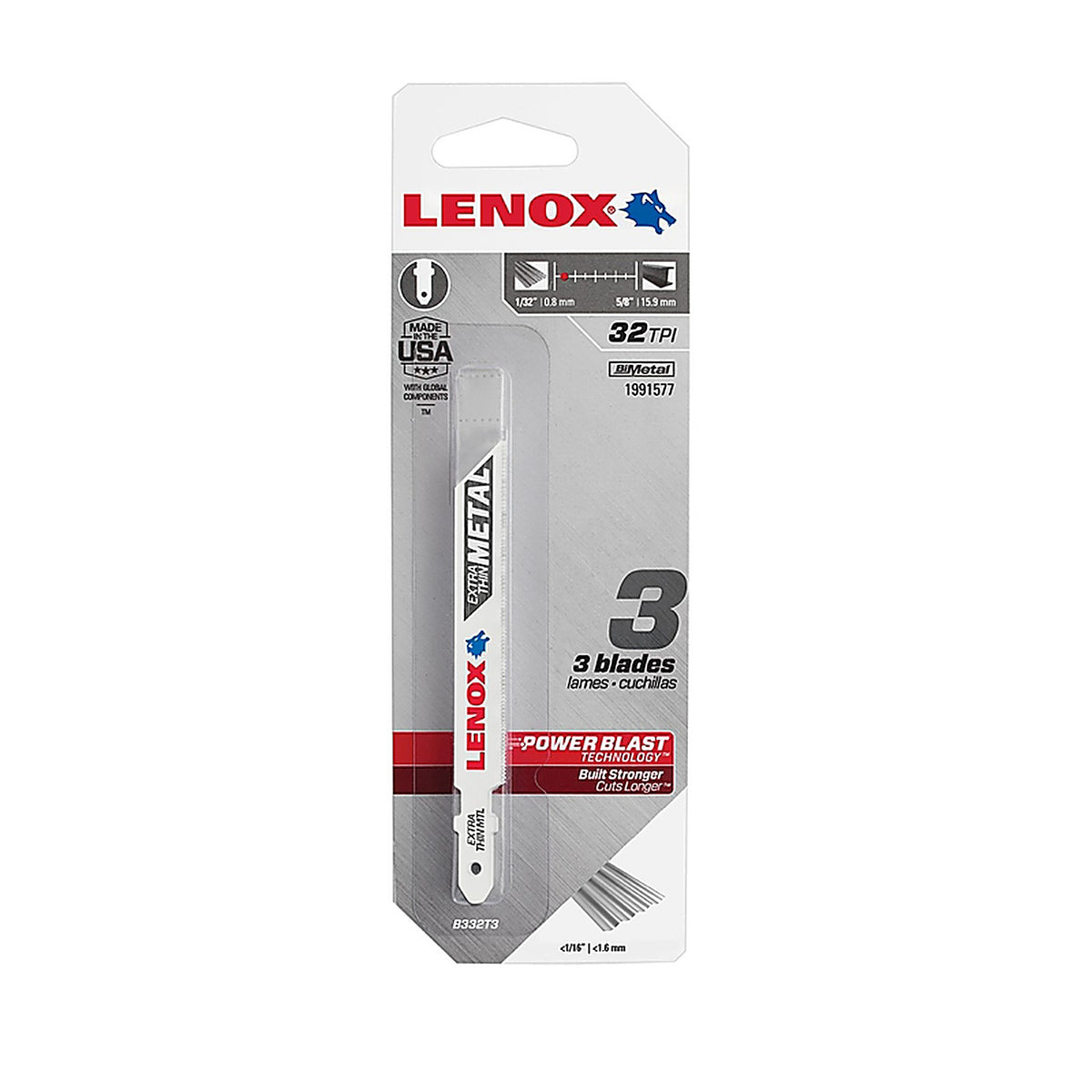 Lenox 1991577 3-5/8 in. Bi-Metal T-Shank Extra Thin Metal Jig Saw Blade 32 TPI 3/Pack