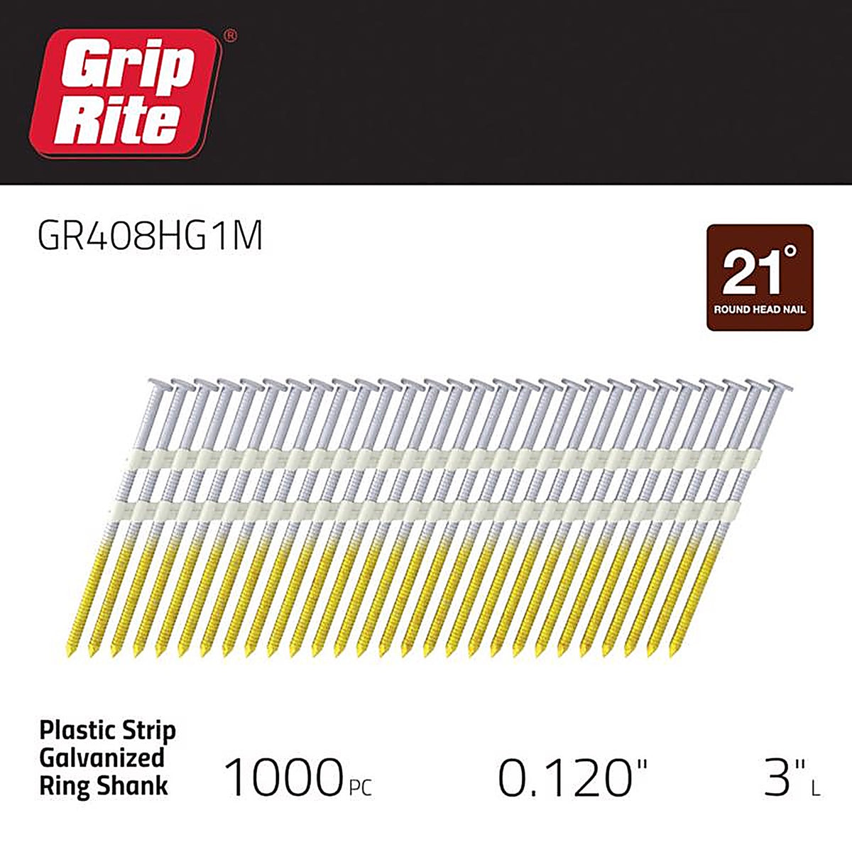 Grip-Rite GR408HG1M 3 in. 11 Ga. Angled Strip Framing Nails 21 deg. Ring Shank 1000/Pack