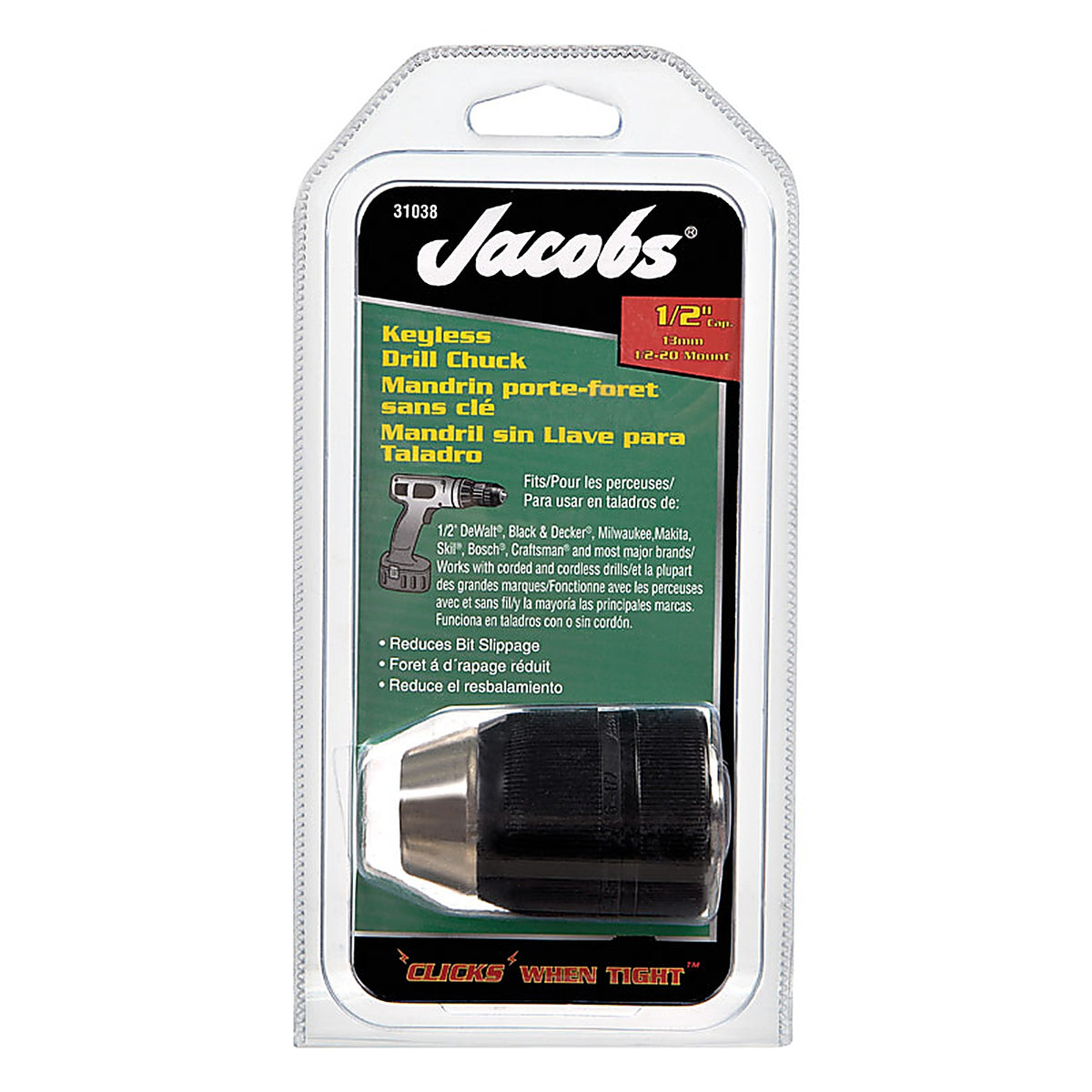 Jacobs 31038 1/2 in. in. Keyless Drill Chuck 1/2 in. 3-Flat Shank 1/Pc