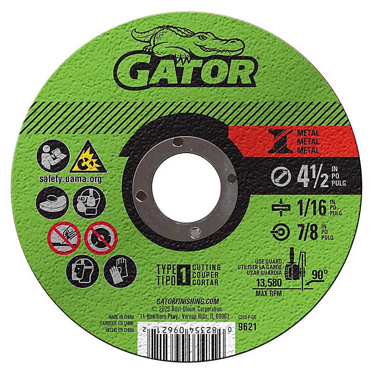 Gator 9621 4-1/2 in. Dia. x 7/8 in. Aluminum Oxide Type 1 Metal Cut-Off Wheel 1/pc.