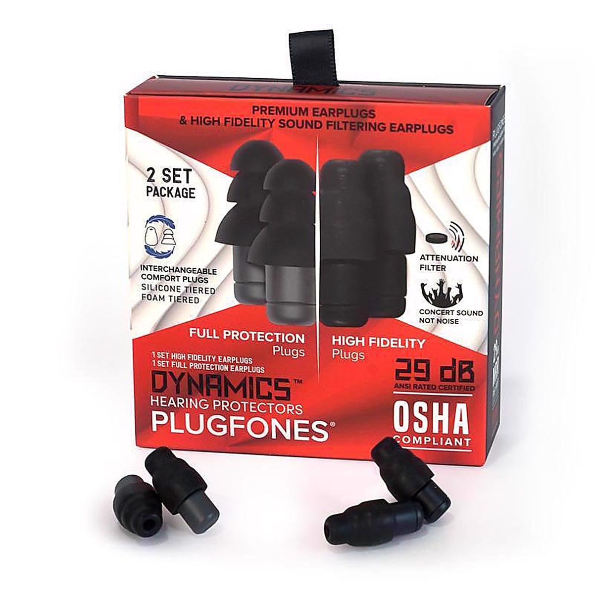 Plugfones - PHFP-B - Dynamics 29 Db Nylon/Silicone/Soft Foam Tri-Flange Hearing Protector Black/Gray 2 Pair