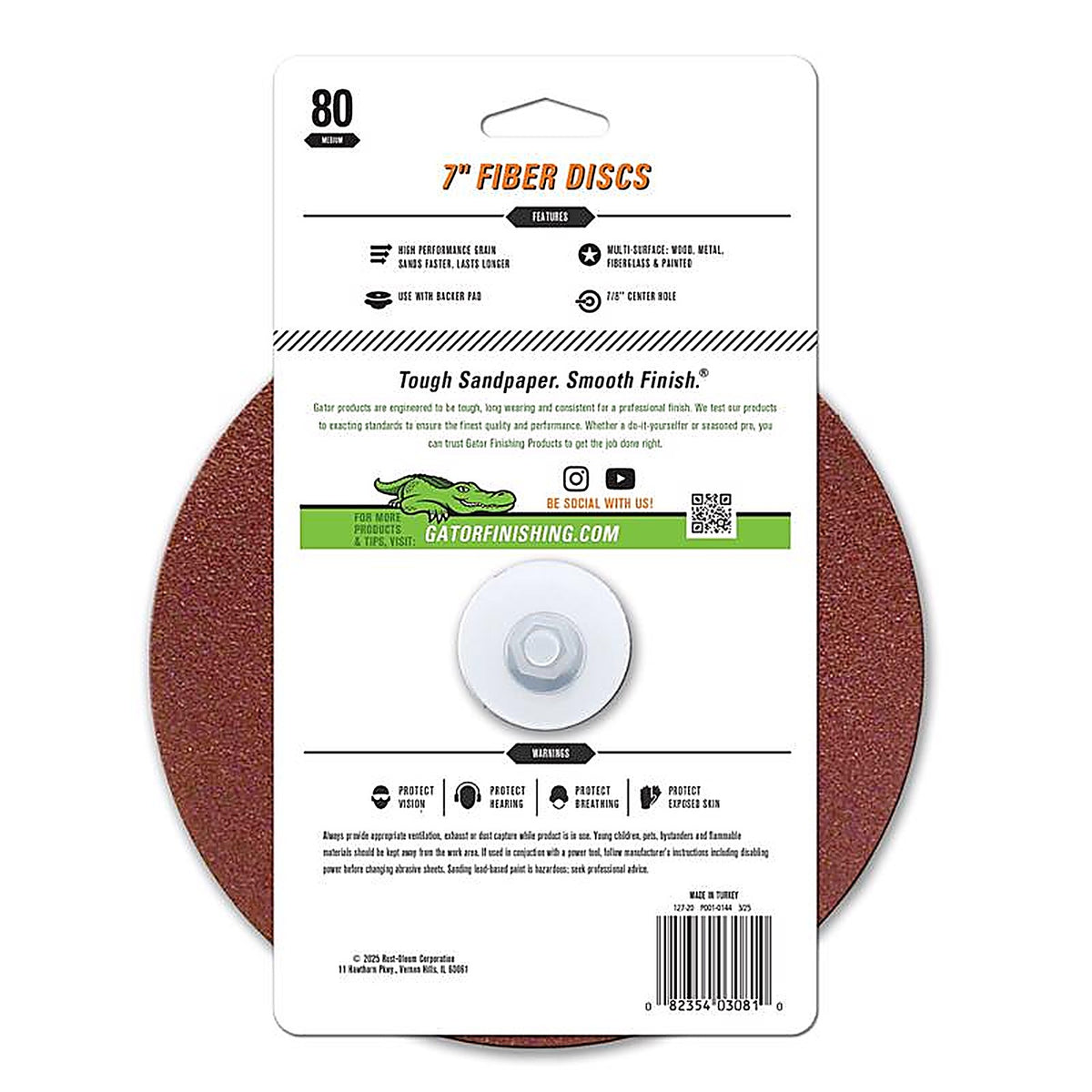 Gator - 3081 - 7 In. Aluminum Oxide Center Mount Fiber Disc 80 Grit Coarse 3 Pack