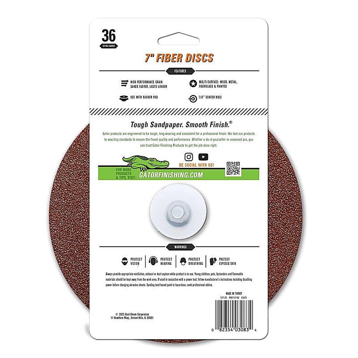Gator - 3083 - 7 In. Aluminum Oxide Center Mount Fiber Disc 36 Grit Extra Coarse 3 Pack