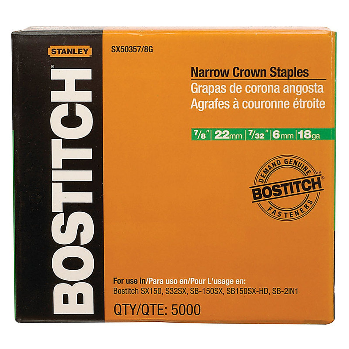 Stanley Bostitch SX50357/8G 7/32 in. W x 7/8 in. L 18 Ga. Narrow Crown Caps and Staples 5000/Pack