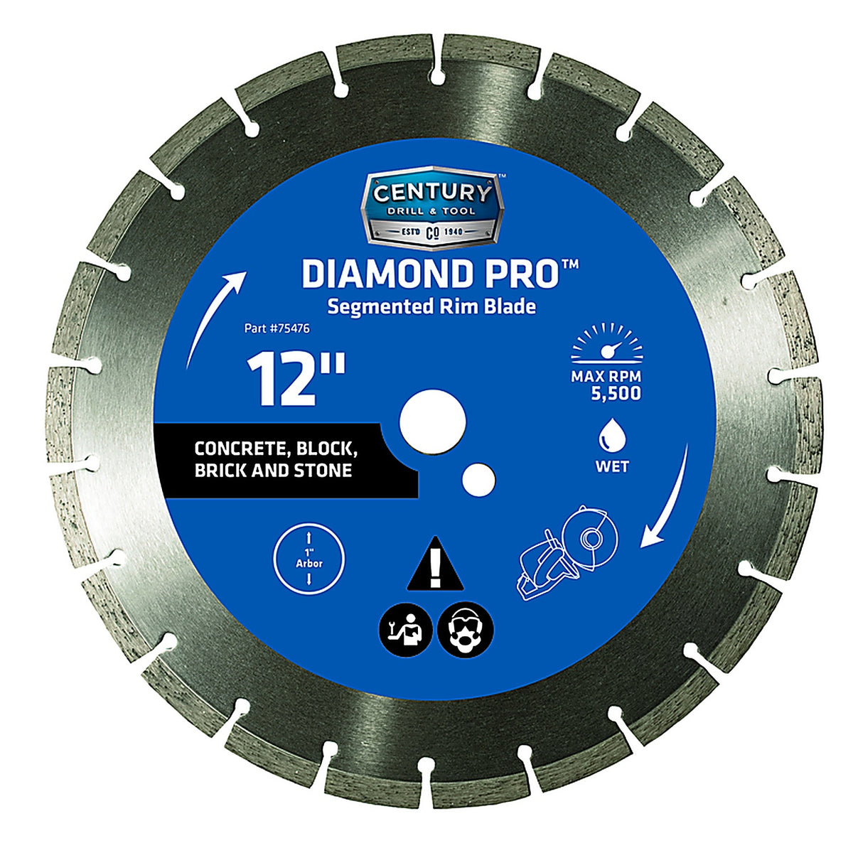 Century Drill & Tool 75476 12 in. Dia. x 1 in. Diamond Segmented Rim Diamond Saw Blade 1/Pack