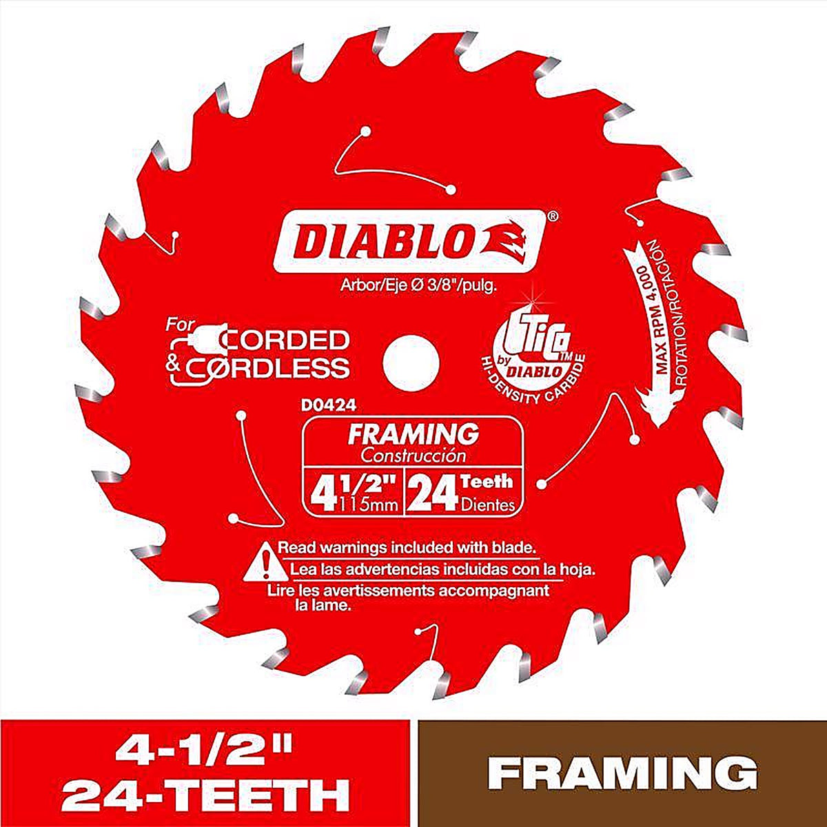 Diablo D0424X 4-1/2 in. D X 3/8 in. S Carbide Framing Saw Blade 24 teeth 1 pk