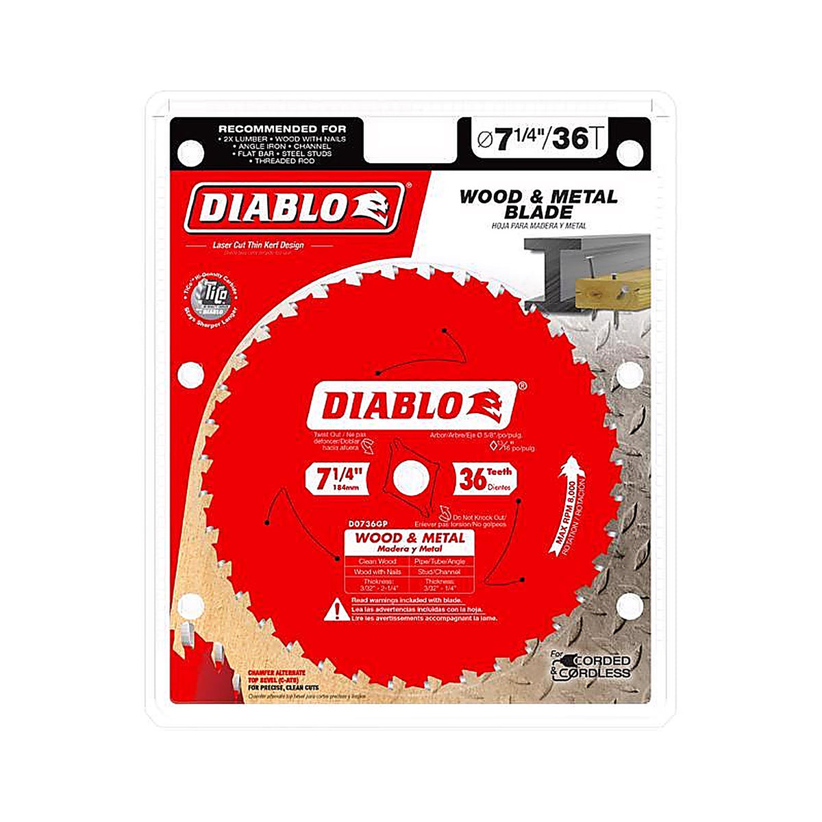 Diablo D0736GPA 7-1/4 in. D X 5/8 in. S Carbide Wood and Metal Saw Blade 36 teeth 1 pk