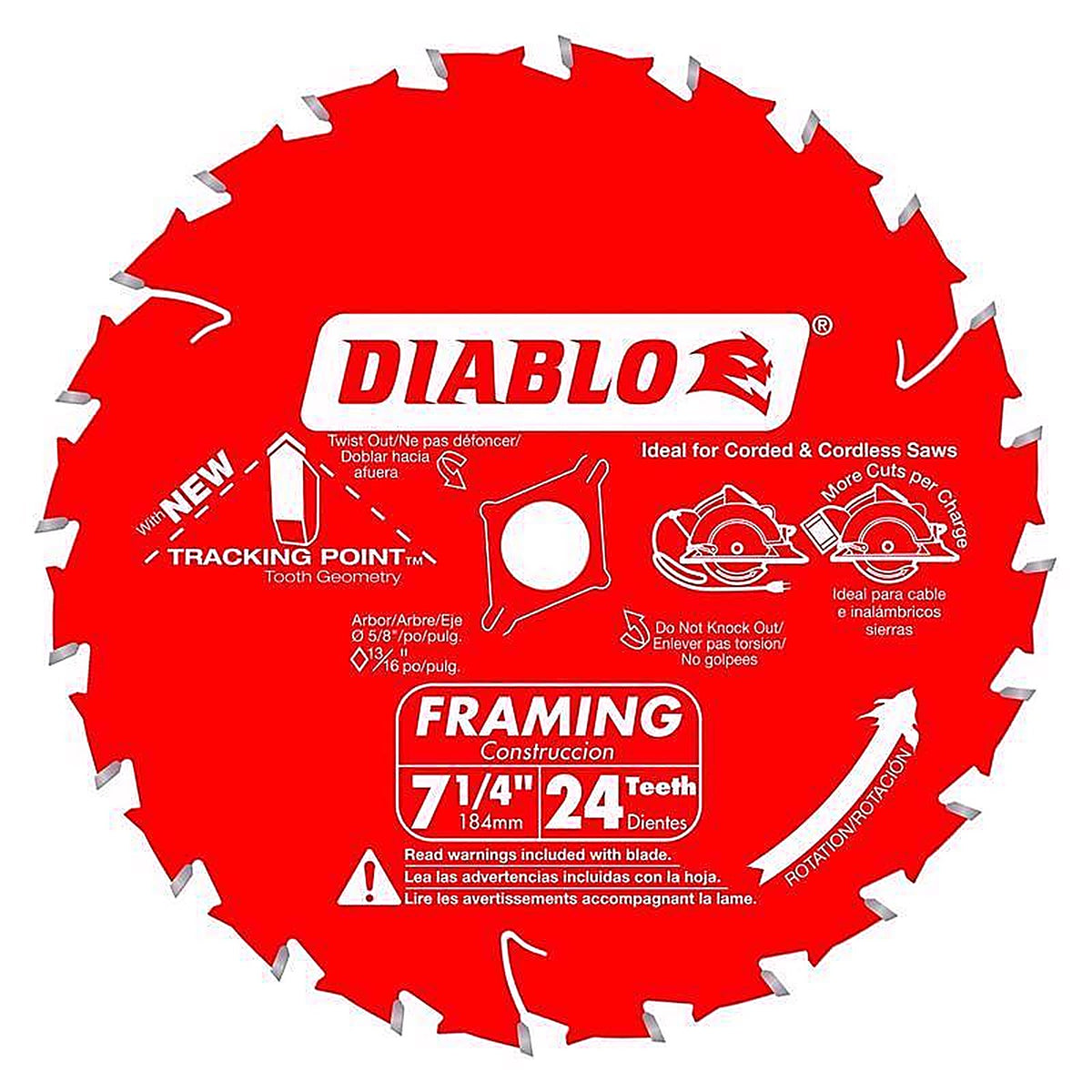 Diablo D0724X3 Tracking Point 7-1/4 in. D X 5/8 in. S Carbide Framing Saw Blade 24 teeth 3 pk