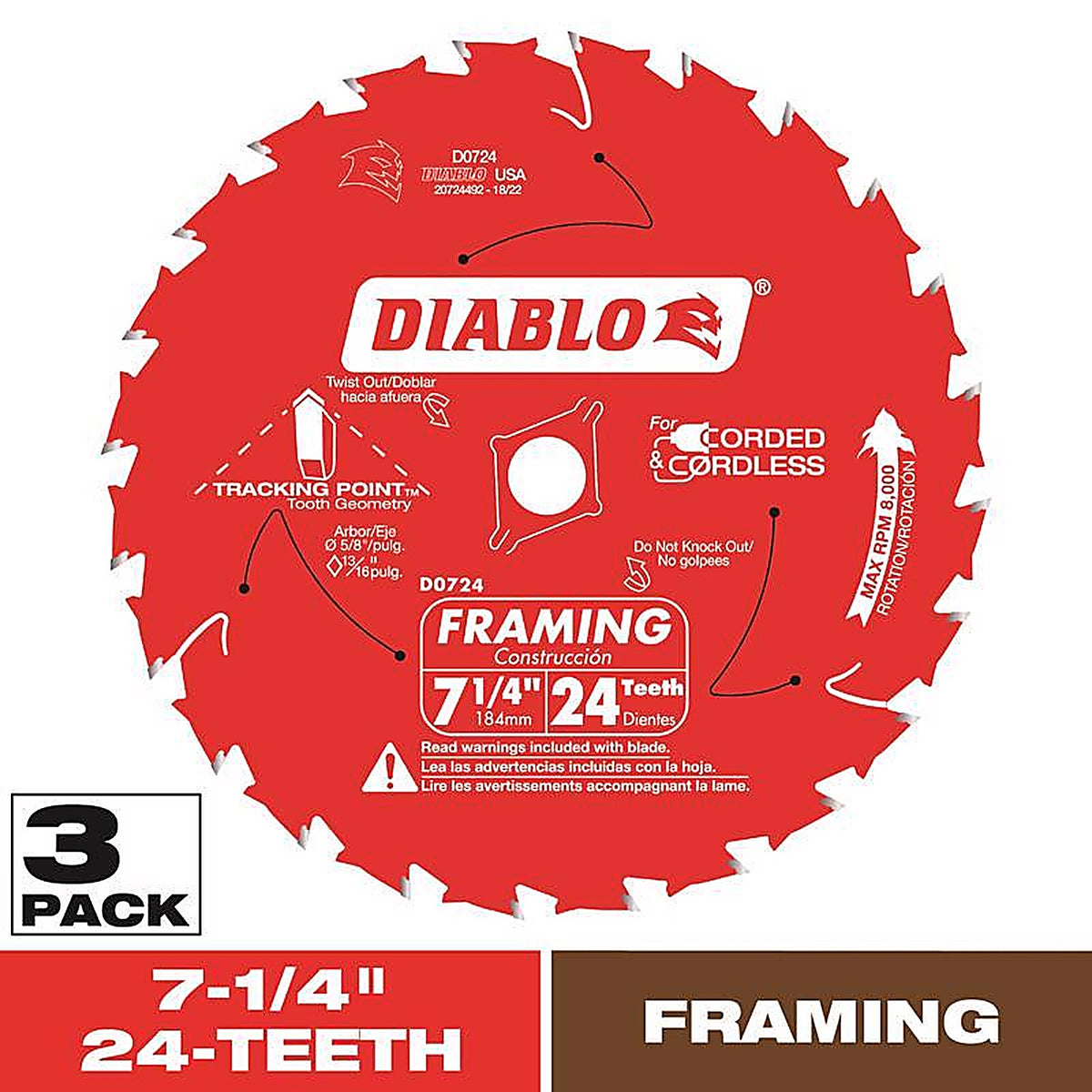 Diablo D0724X3 Tracking Point 7-1/4 in. D X 5/8 in. S Carbide Framing Saw Blade 24 teeth 3 pk