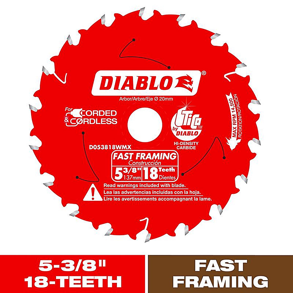 Diablo D053818WMX 5-3/8 in. D X 20 mm S Carbide Fast Framing Saw Blade 18 teeth 1 pk