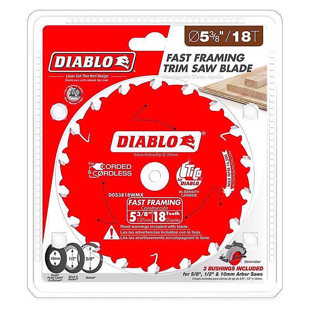 Diablo D053818WMX 5-3/8 in. D X 20 mm S Carbide Fast Framing Saw Blade 18 teeth 1 pk