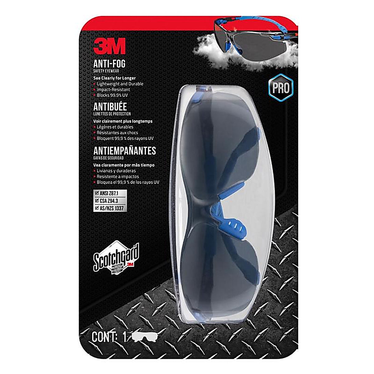 3M 47211H1-VDC Scotchgard Anti-Fog Modern/Sleek Impact-Resistant Safety Glasses Gray Lens Black/Blue Frame 1/pc.