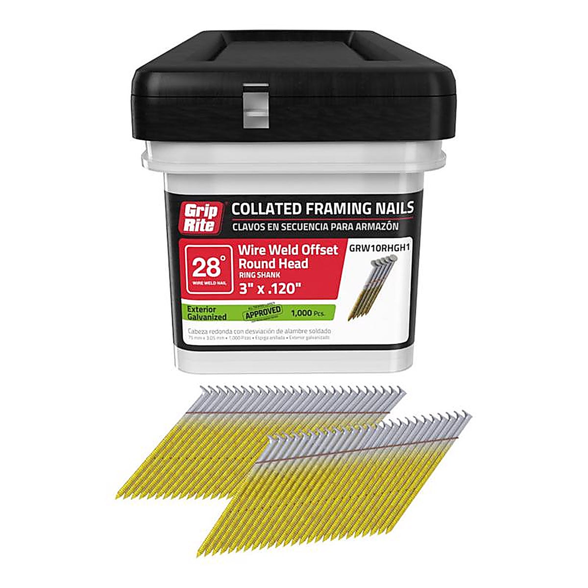 Grip-Rite GRW10RHGH1 3 in. Angled Strip Framing Nails 28 deg. Ring Shank 1000/Pack