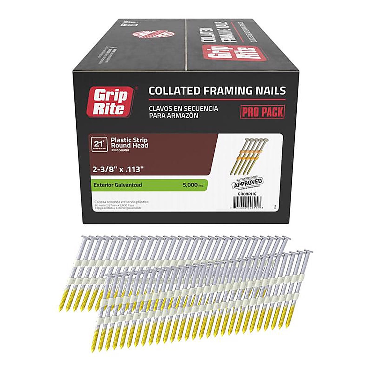 Grip-Rite GR08RHG 2-3/8 in. 12 Ga. Angled Strip Framing Nails 21 deg. Ring Shank 5000/Pack