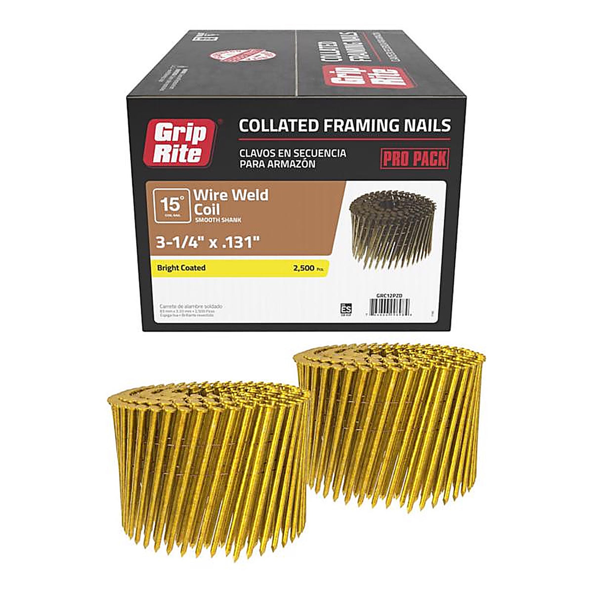 Grip-Rite GRC12PZD 3-1/4 in. 11 Ga. Angled Strip Framing Nails 15 deg. Smooth Shank 2500/Pack