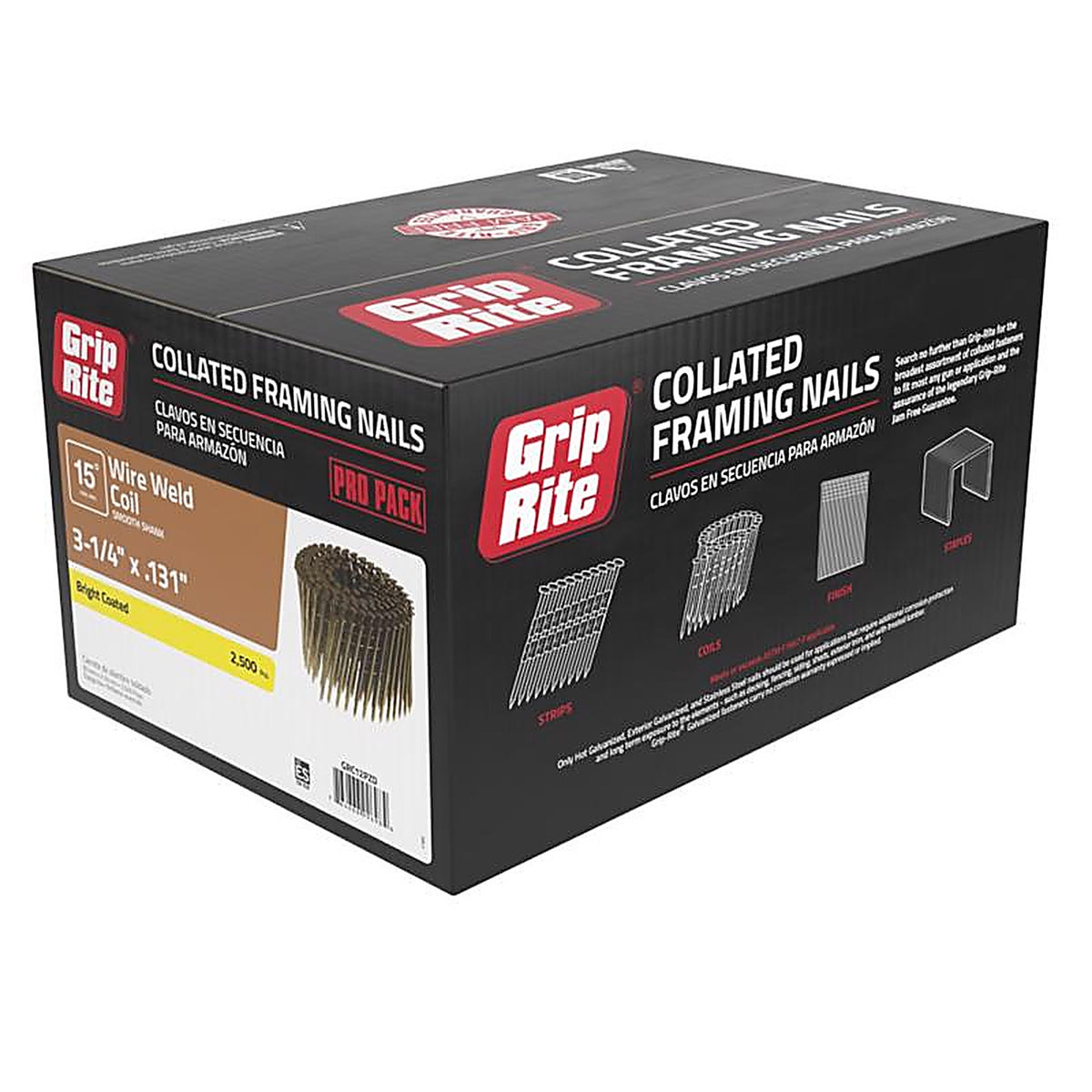 Grip-Rite GRC12PZD 3-1/4 in. 11 Ga. Angled Strip Framing Nails 15 deg. Smooth Shank 2500/Pack