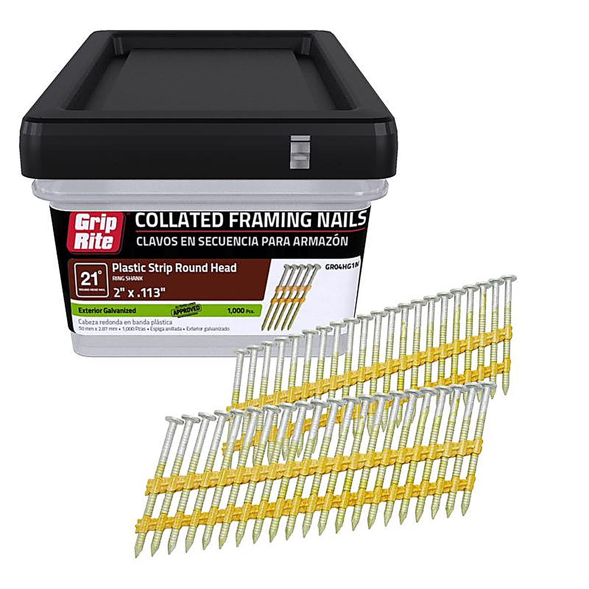 Grip-Rite GR04HG1M 2 in. .120 Ga. Angled Strip Framing Nails 21 deg. Ring Shank 1000/Pack