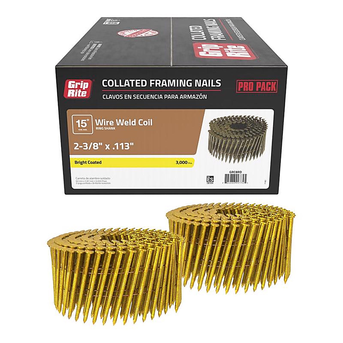 Grip-Rite GRC8RD 2-3/8 in. 11 Ga. Wire Coil Framing Nails 15 deg Ring Shank 3000 pk