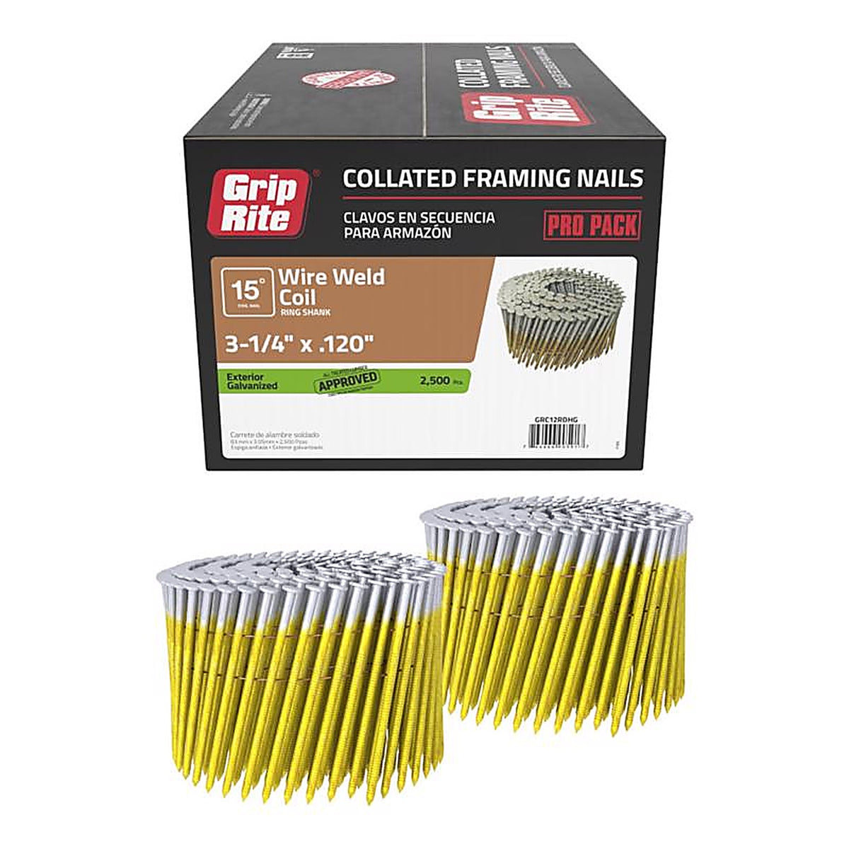 Grip-Rite GRC12RDHG 3-1/4 in. 11 Ga. Wire Coil Framing Nails 15 deg Ring Shank 2500 pk